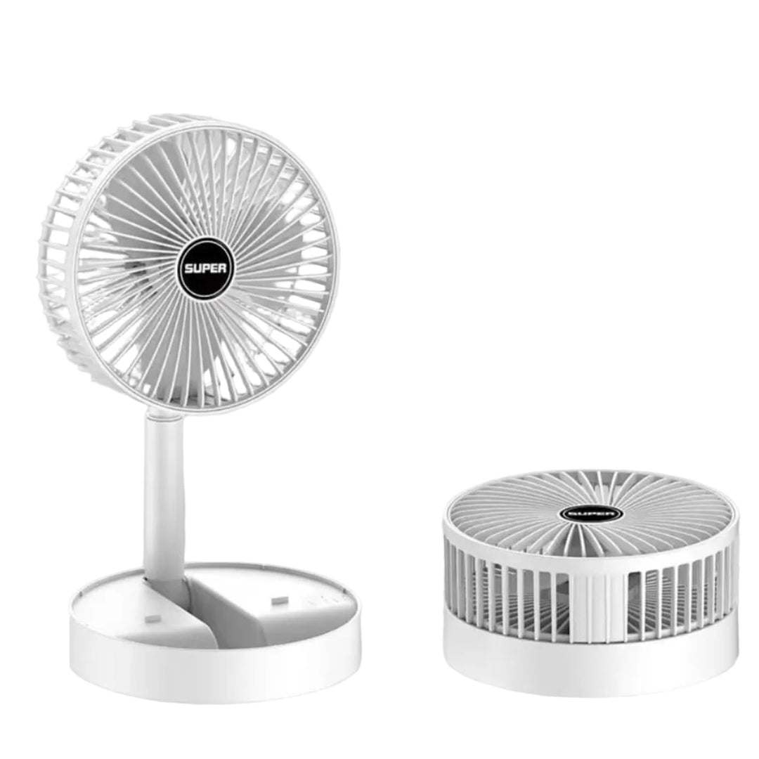 Kompakter WindBlazer Mini-Ventilator, zusammengeklappt für Reisen. Ideal als leiser Tischventilator für Büro & Outdoor.