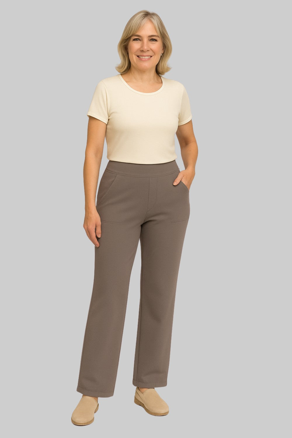 Elegante Damen Stoffhose High Waist mit weitem Bein, perfekt für Business & formelle Anlässe, mit Taschen.