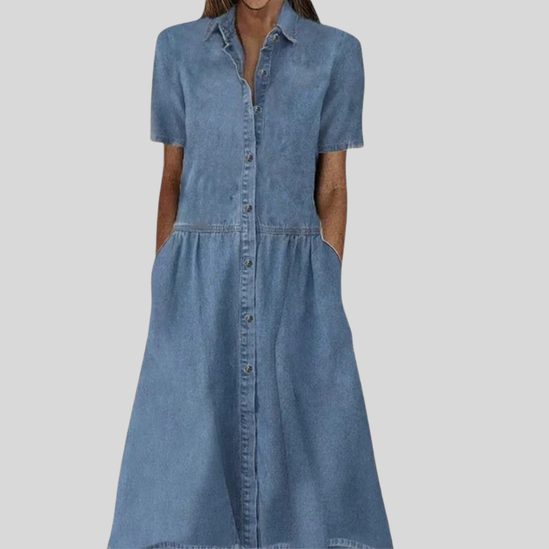 Blaues Damen Hemdblusenkleid in Midi-Länge mit kurzen Ärmeln und Knopfleiste, kragenlos, ideal für Sommer und Freizeit.