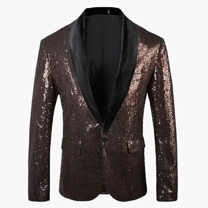 Detailaufnahme: Glänzende Pailletten auf Herren Sakko. Der glamouröse Glitzer Blazer für unvergessliche Party-Nächte.