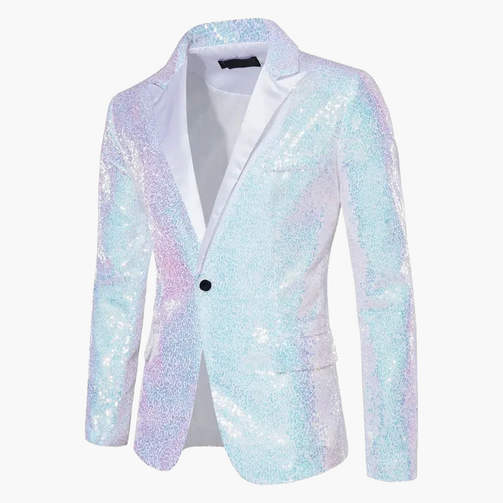 Stilvoller Mann im Pailletten Sakko. Glitzer Blazer für Bühne, Event & Gala. Ein festliches Statement in Abendmode.