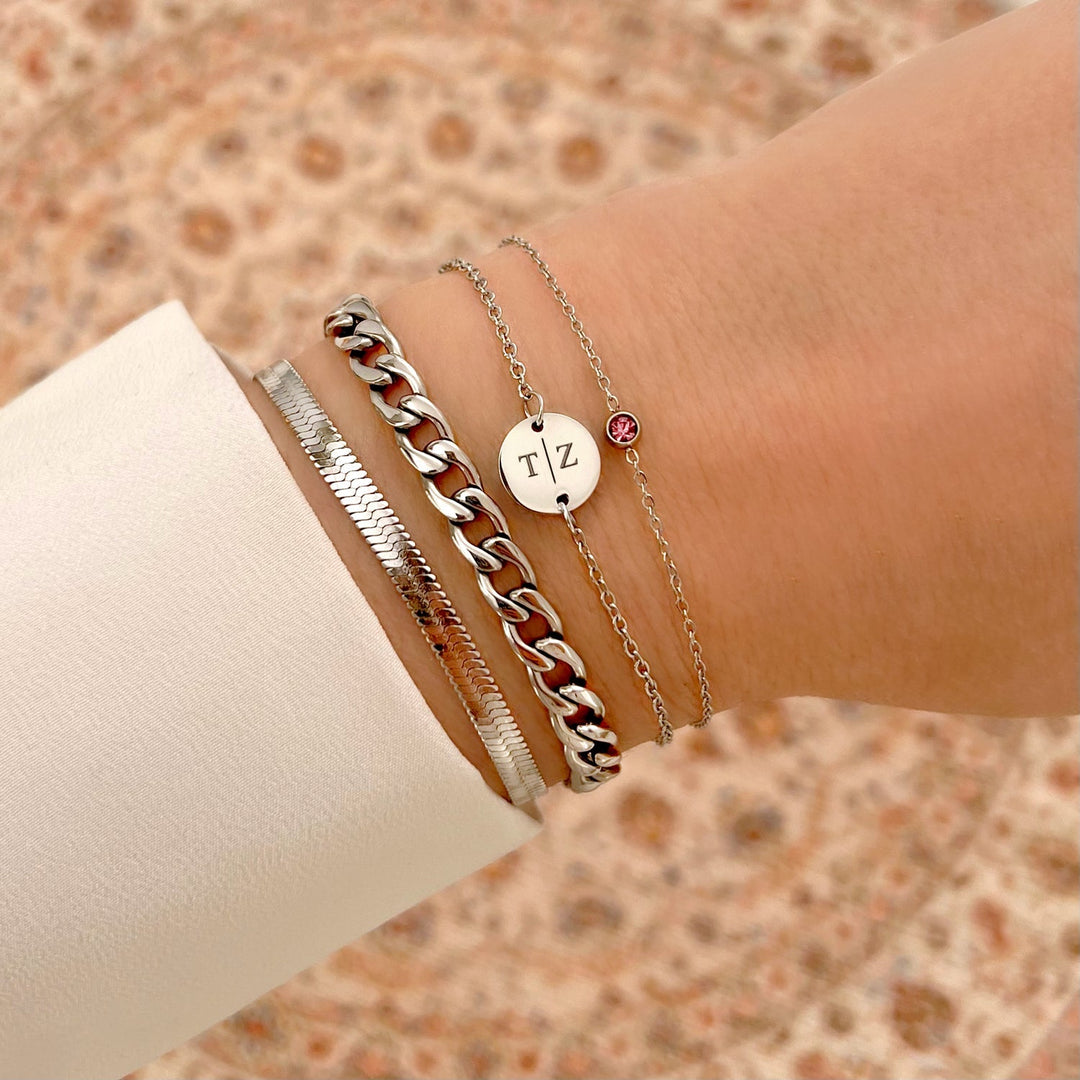 Damenarmband mit Geburtsstein, runder Edelstein, Sterling Silber, Geschenk.